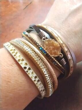 Two Multi Layer Wrap Beaded Snakeprint Faux Leather Druzy Crystal Bracelets